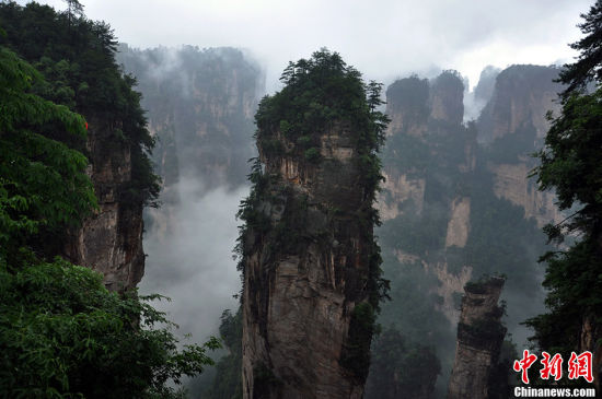 张家界景区降大雨出现“悬浮山”云海奇景