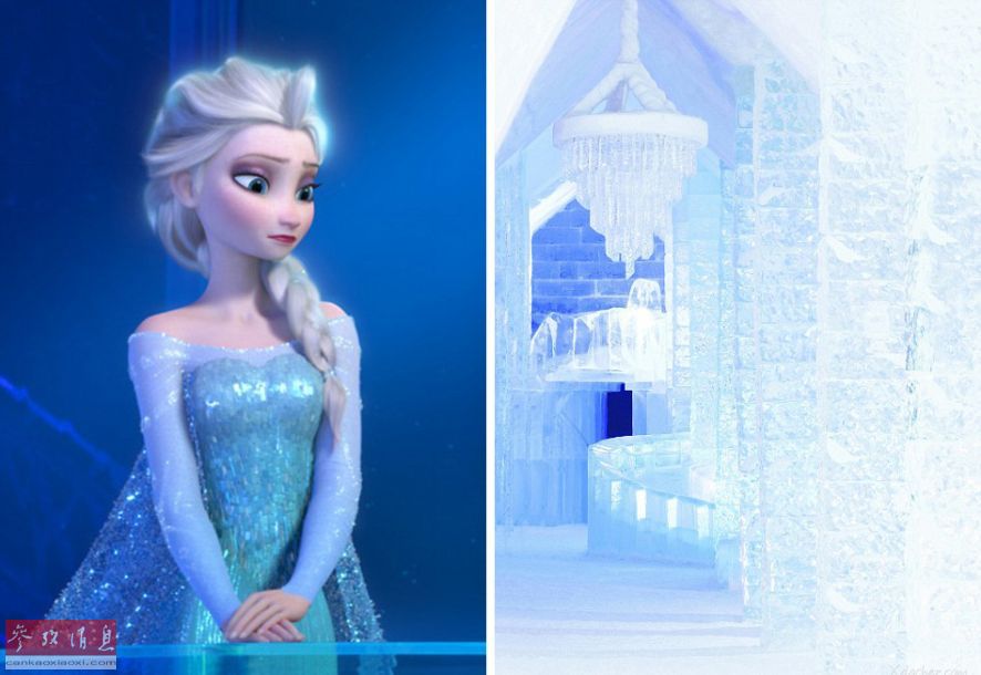 电影中的冰雪女王"安娜"(左)以及拥有36个独立房间的取景地hotel