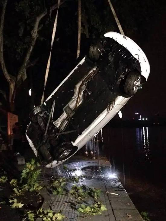 男子因开车玩手机将宝马开进西湖