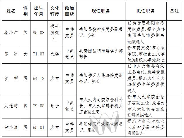 岳阳市委管理干部拟任人选任前公示详情