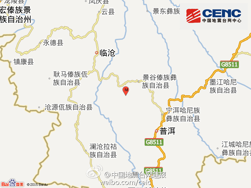云南普洱景谷发生46级地震震源深度5千米