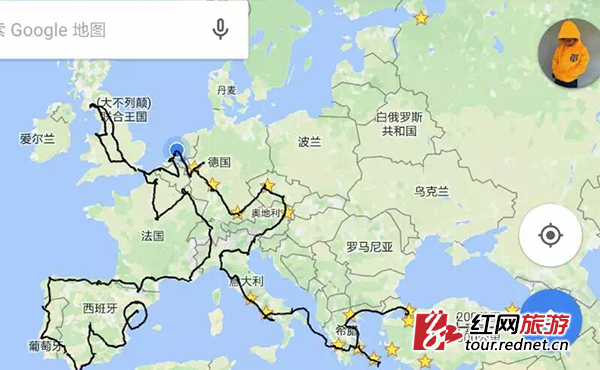 席振中在欧洲的骑行线路。