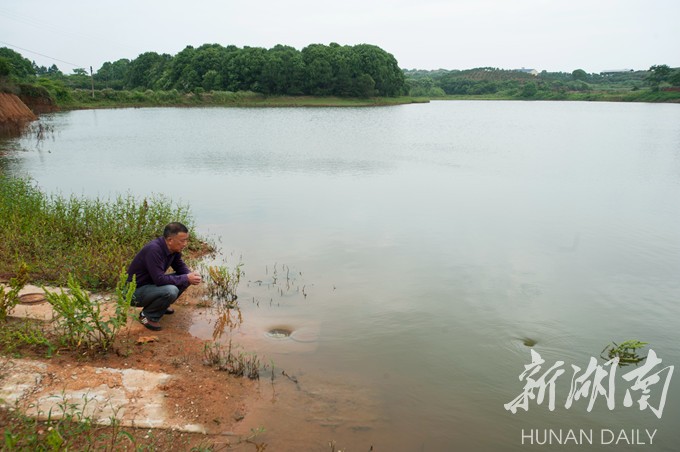 5月25日,岳阳县柏祥镇,刘建社在查看张家水库.