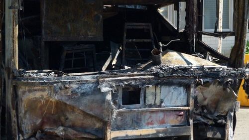 火烧车后驾驶座面目全非。台湾《联合报》记者郑国梁／摄影