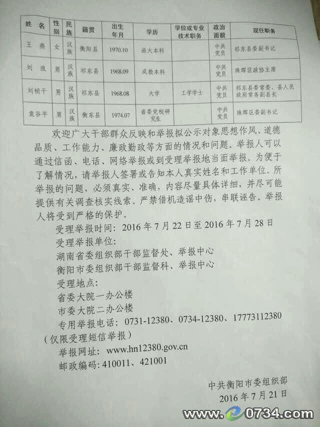 衡阳市15名县市区党政正职人选正式任前公示