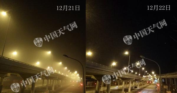 12月22日较21日，北京能见度有明显好转。