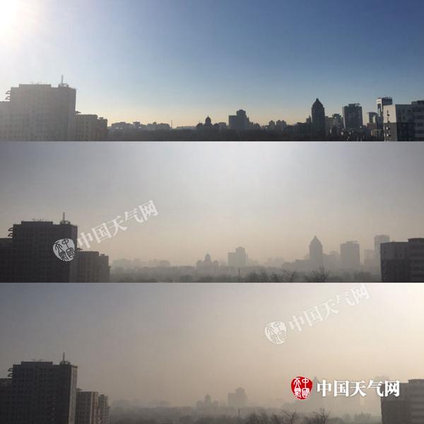北京市海淀区，上午9时、12时至下午14时，空气质量逐渐转差对比明显。（摄影：赵嫣嫣）
