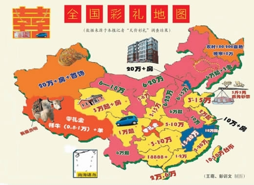 新版中国彩礼地图出炉 西部高东部低 长江流域现"零礼金"