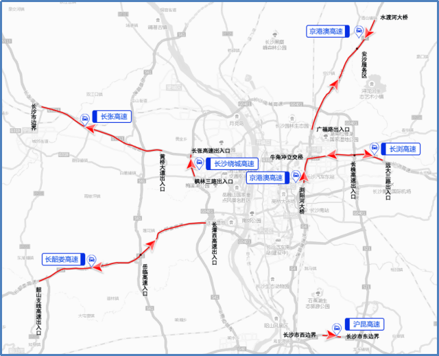 返程时段易拥堵缓行高速:长张高速,长浏高速,长韶娄高速.