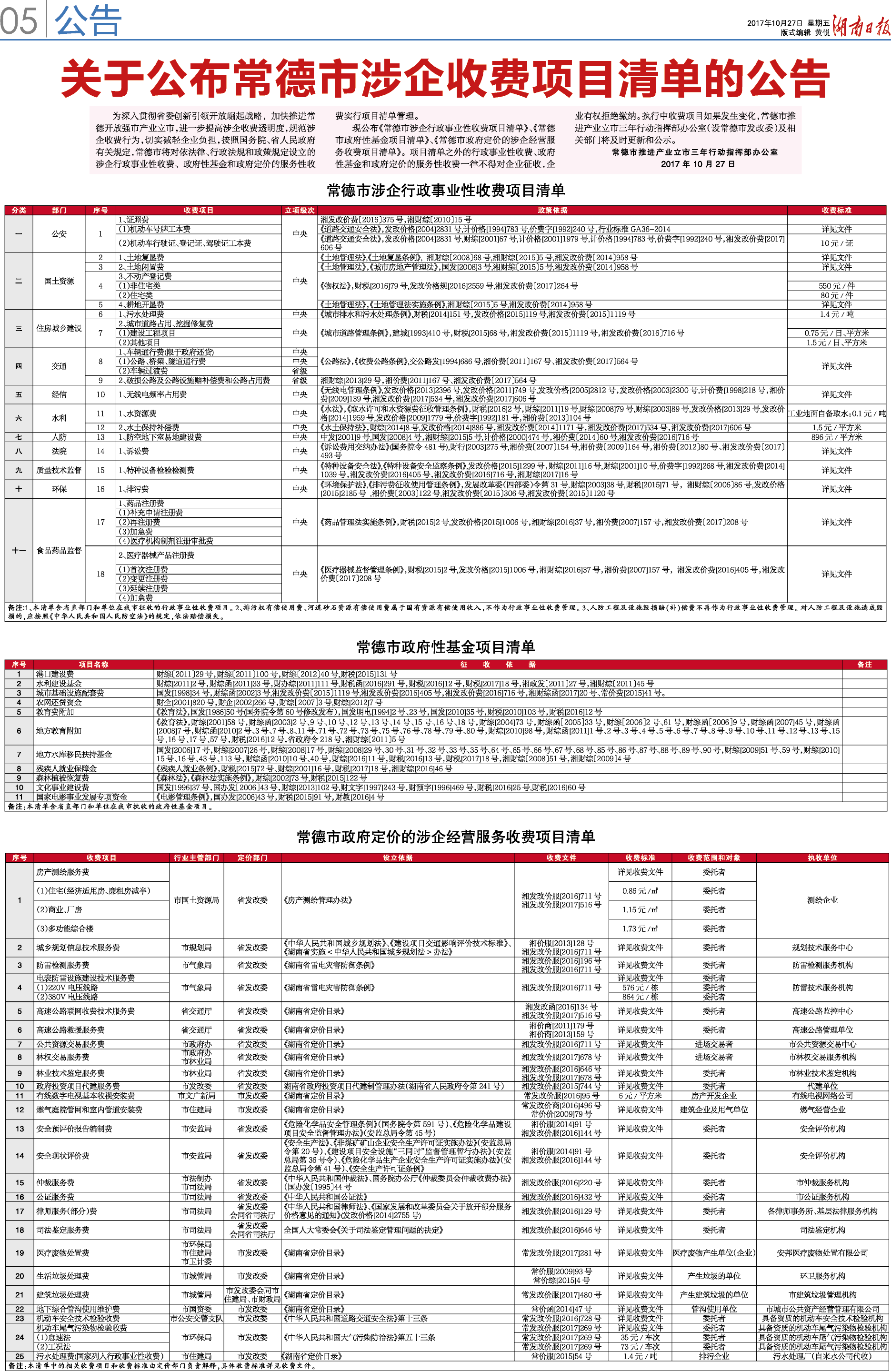 常德市公布涉企收费项目清单