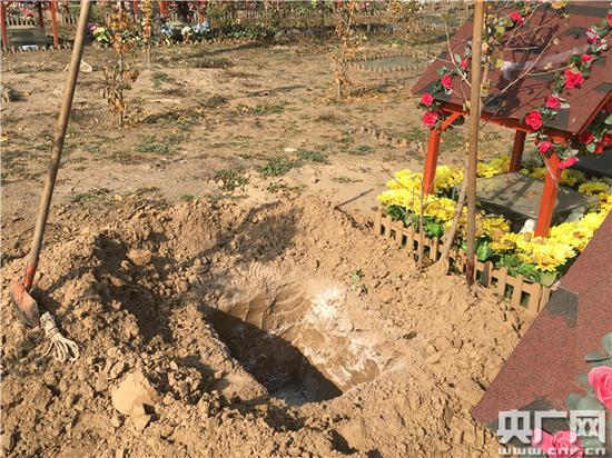 宠物墓园工作人员为即将入土的宠物狗挖好入葬坑