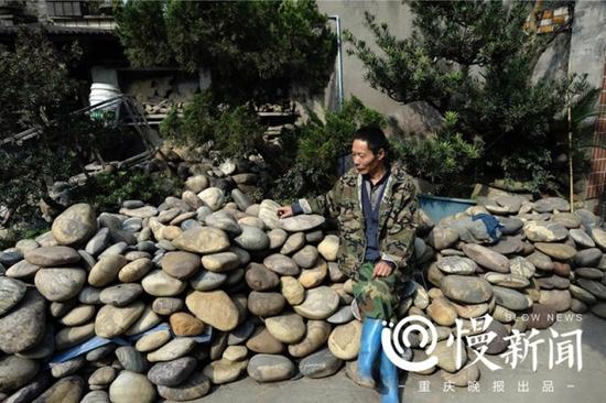 家中小院里，堆满了罗长国搜集的2万多枚石头