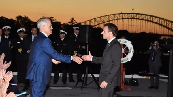 ▲5月1日至3日，法国总统马克龙访问澳大利亚。图为马克龙与澳总理特恩布尔会面。（法新社）