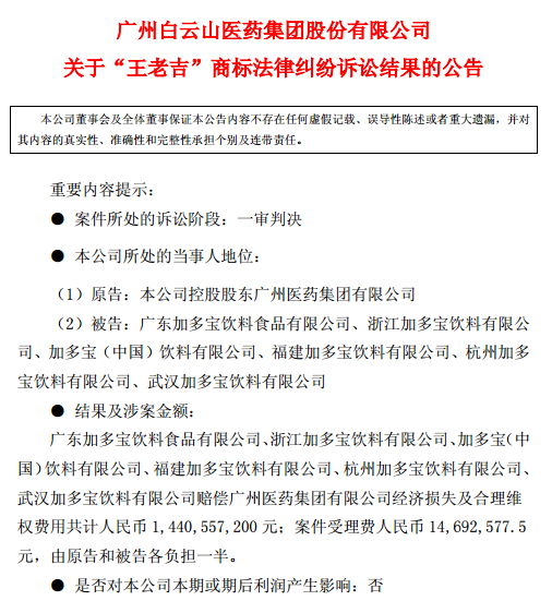 王老吉商标案件一审宣判:加多宝赔广药集团1