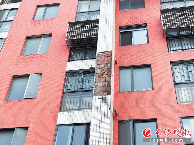 小区外墙一处的瓷砖已经脱落。均为业主供图