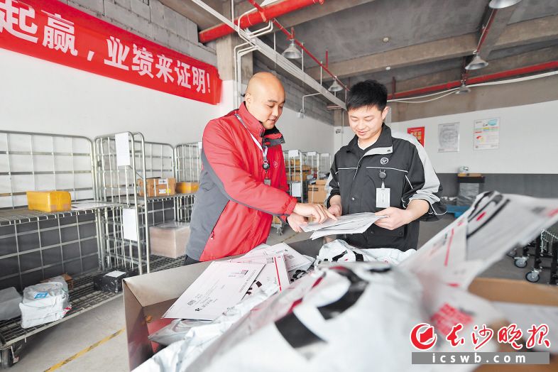 昨日，顺丰速运新开铺网点负责人窦海（左）和同事在分拣快递。 长沙晚报全媒体记者 王志伟 摄