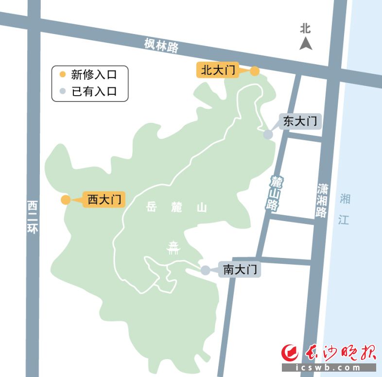 岳麓山将新添西大门和北大门西大门与桃花岭景区相连