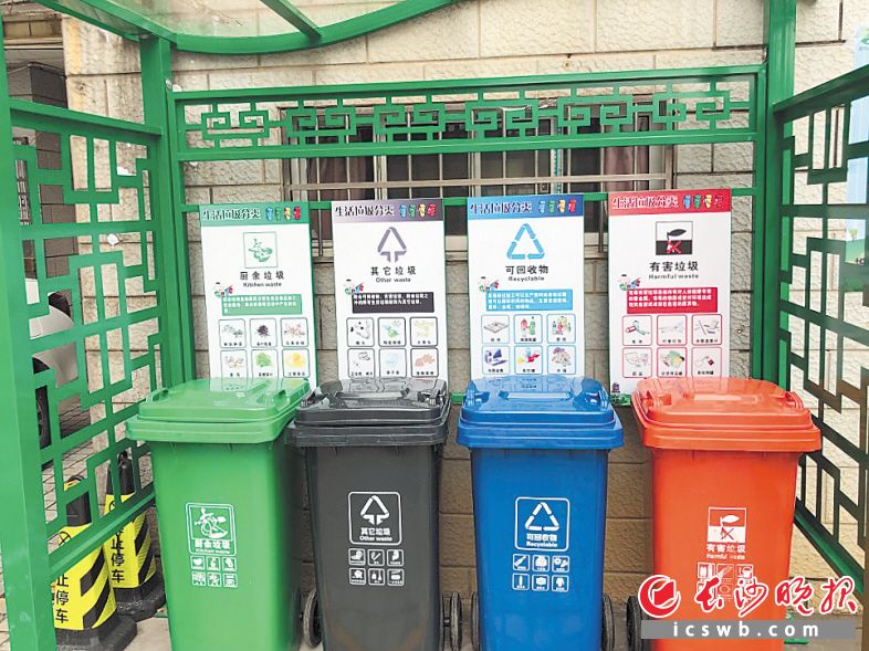 岳麓区航空母舰小区的垃圾分类定点投放站，摆放着4个不同颜色的垃圾桶，分别存放不同的垃圾。长沙晚报通讯员 彭毓妍 摄