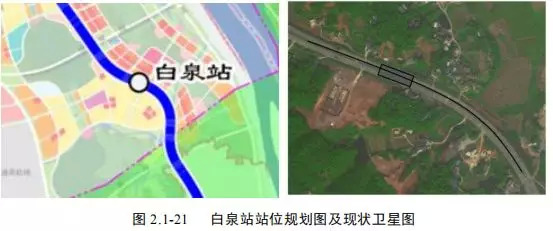 白泉站车站位于潭州大道和东西向规划交叉口以南,南北向布置潭州大道