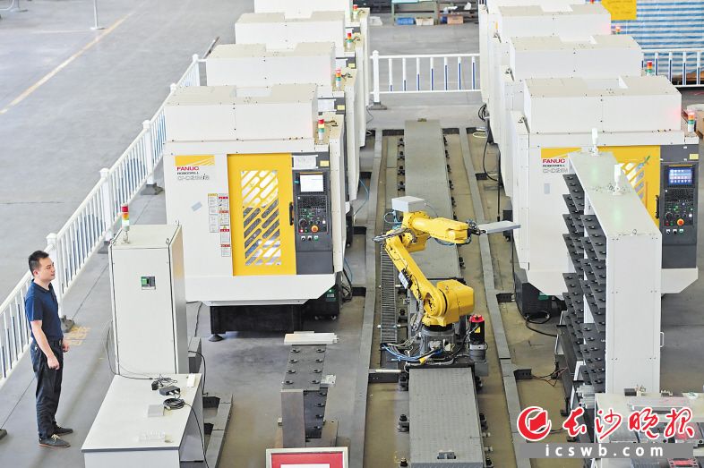 多个品种的零件在10多台数控机床、料架、清洗机之间的转移，全部由1台行走机器手来完成，可以轻松实现3班倒的无人化生产。长沙晚报全媒体记者 王志伟 摄