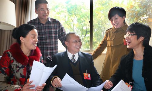 1月27日,谢鹏程,周小风,谢明芳等几名委员在一起讨论政府工作报告.