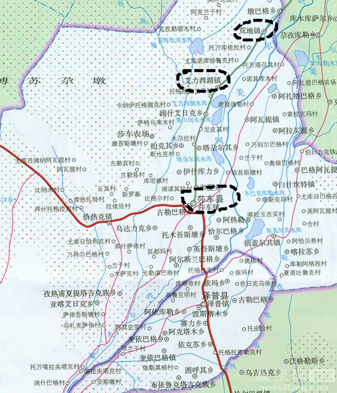 蓝色虚线标示地区为新疆莎车县所在位置