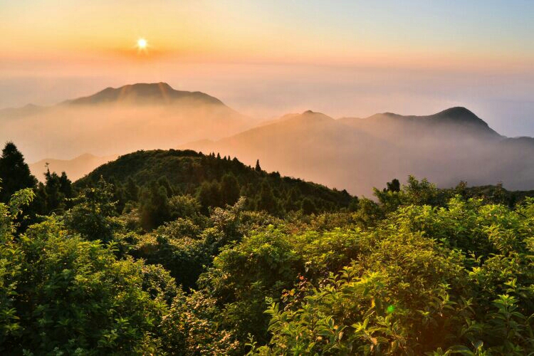 7月8日,衡阳市南岳衡山观日台,游客正在欣赏日出奇观,太阳在云海中忽