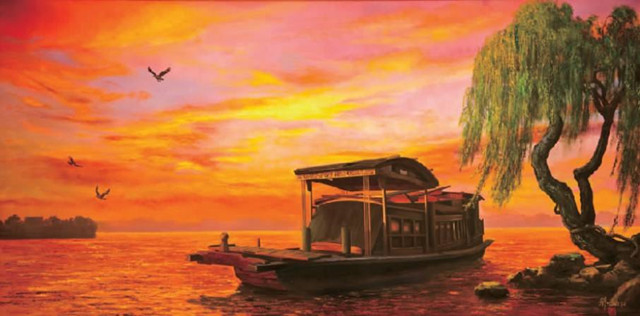(油画家刘宇一以南湖红船为题材创作的油画作品《永远的红光》