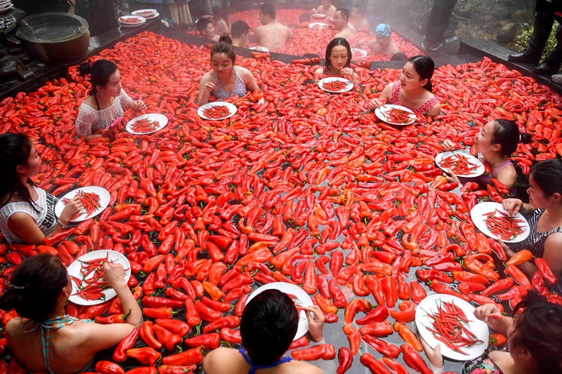 各地的游客坐进天沐温泉面积上百平方米,泡满辣椒的泡池中比赛吃辣