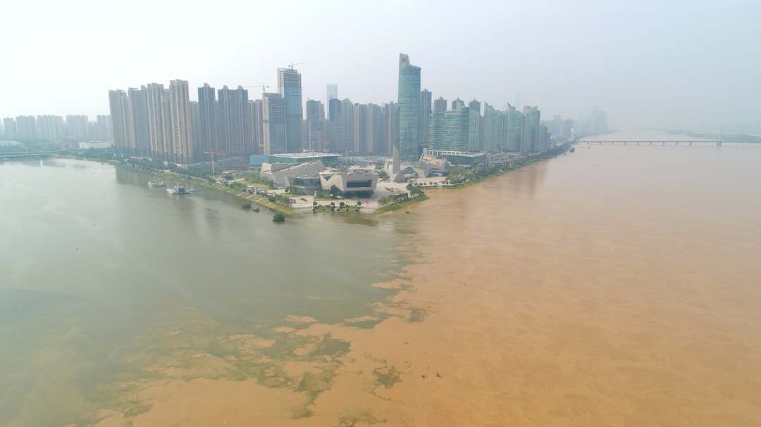 洪峰过境，浏阳河湘江交汇处现“鸳鸯锅”