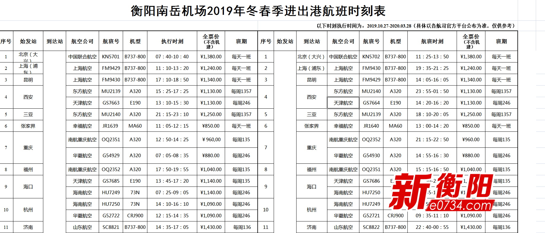 南岳机场航班时刻表图片